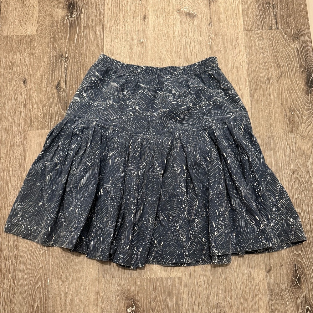 Neiman Marcus Navy Swirl Print Mini Skirt Size M Boho A-Line Elastic Waist